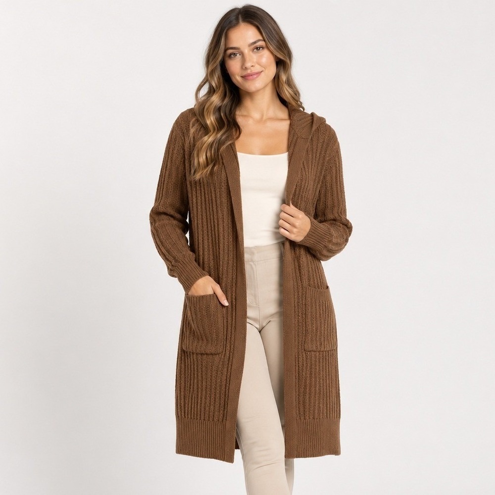 Belle Du Jour Chocolate Brown Ribbed Hooded Duster Cardigan Sweater XL Granola